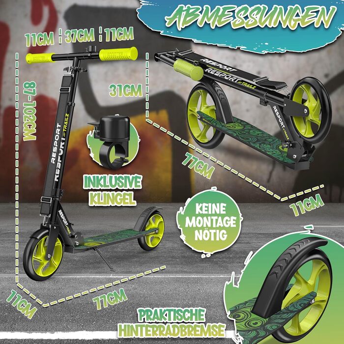 Дитячий та дорослий трюковий самокат Cityroller з дзвіночком та ременем | Висота регулюється, складається, до 100 кг | Великі колеса, чорний/зелений