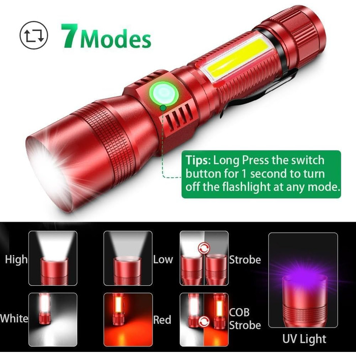 Ліхтарик LED Karrong з USB-зарядкою та магнітом, ультрафіолетовий UV-ліхтарик 395нм, 7 режимів світла (включаючи червоне), акумуляторний набір для кемпінгу та походів, червоний, 2 шт.