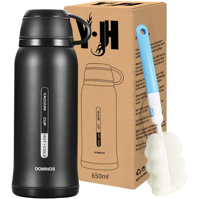 Термофляга Y·J&H з нержавіючої сталі, 650 мл, чорна. Подвійні стінки, без BPA, з кришкою-чашкою. Ідеальна для кави, чаю, кемпінгу та активного відпочинку.