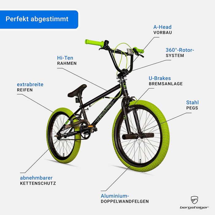 Bergsteiger Halifax BMX 20 дюймів, фетбайк, 360° ротор, фрістайл, 2 сталеві підніжки, захист ланцюга, фрівіл, зелено-чорний