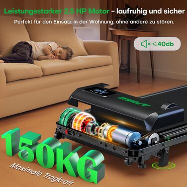 Walking Pad FOUSAE: Бігова доріжка для дому з регулюванням нахилу до 9%, LED-дисплеєм, пультом керування та мобільним додатком, 12 програм, до 150 кг, чорно-зелений