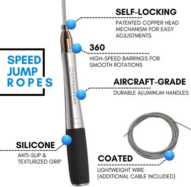Скакалка Hyperwear Adjustable Speed з запатентованою системою блокування, алюмінієвими ручками з силіконовим покриттям та додатковим тросом для CrossFit, боксу та фітнесу