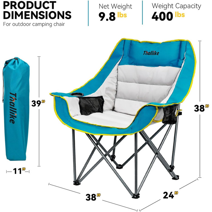 Великий складаний стілець для кемпінгу Thallike, XL, з підлокотниками, для дорослих, блакитний