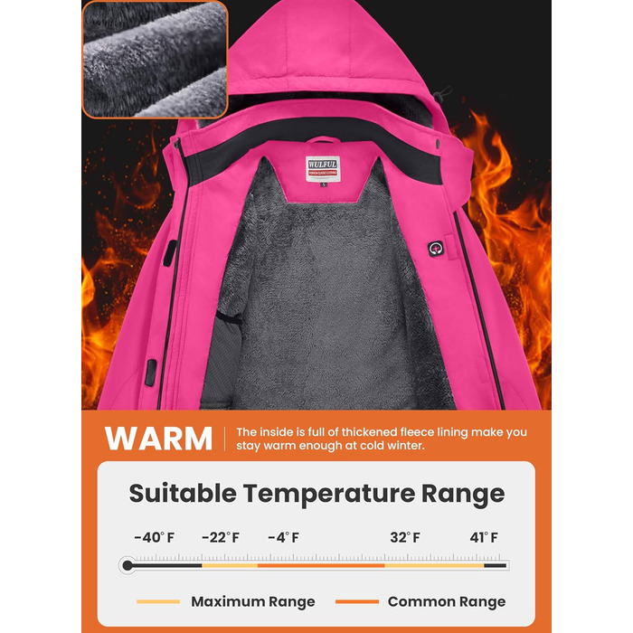 Жіноча водонепроникна куртка WULFUL для сноубордингу та лижного спорту, тепла зимова куртка з капюшоном (XL, Rosenrot)