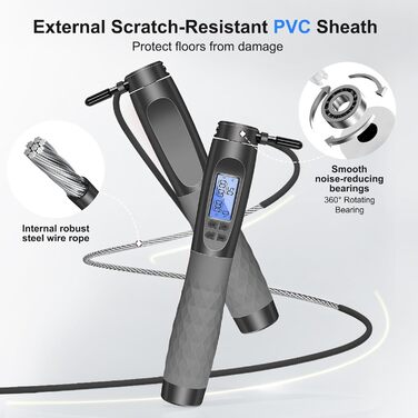 Скакалка з лічильником Flintronic, скакалка для фітнесу, швидка скакалка, регульована скакалка з антиковзними ручками для інтервальних тренувань, HIIT, сіра та чорна