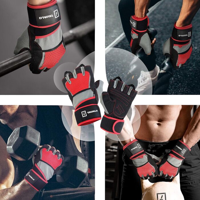 Рукавички для фітнесу та тренувань чоловічі Fitnesshandschuhe (L 19-22 см, сіро-чорні, червона спинка) для силових тренувань, бодібілдингу, кроссфіту. Без AZO та фталатів, сертифікат CE