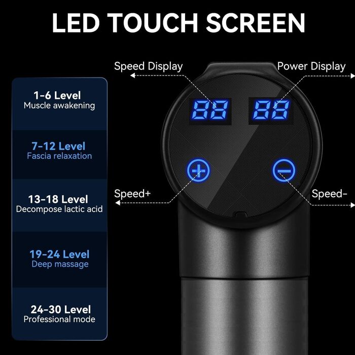 Масажний пістолет для глибоких м'язів, 30 швидкостей, безшумний, LCD-дисплей, для спортсменів, шиї, спини, плечей, чорний