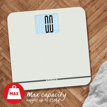 Електронна вага Salter 9075 WH3R Premium Max, скляна платформа, до 250 кг, цифрова вага для людей, XL-дисплей, килимові ніжки, батарейки, біла