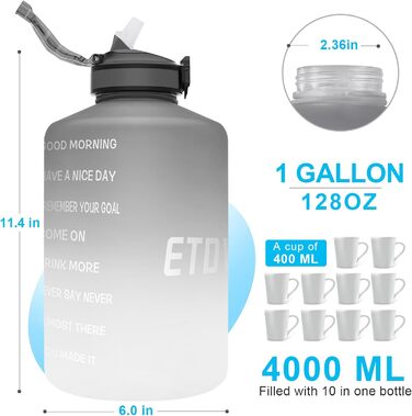 Спортивна пляшка для води 3,78 л з позначками часу та трубочкою, BPA Free, витокозахисна, сіро-біла