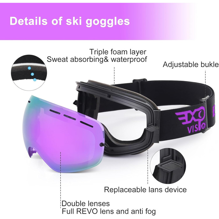 Сноубордична маска EXP VISION для чоловіків і жінок, 100% UV400, антифог, сферична лінза, для окулярів, універсальний розмір, колір Grapes