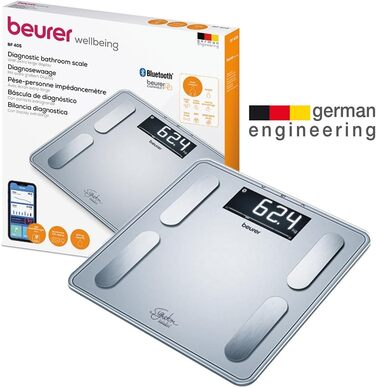 Ваги Beurer BF 405 з аналізом складу тіла: точні вимірювання для 8 користувачів, визначення жиру, великий дисплей з підсвіткою, до 200 кг, з підключенням до додатку