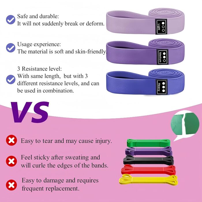 Набір еластичних стрічок для фітнесу 3шт, стрічки опору з 3 рівнями, фітнес-стрічки для жінок/чоловіків, силові тренування, йога, пілатес, фітнес (поступовий фіолетовий)