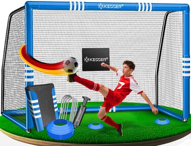 Ворота для футболу KESSER® для саду, 240 см, міцні, для тренувань, з UV-стійким сіткою, сталевий каркас з підкладкою, фіксатори для землі, насос, конуси, аксесуари для монтажу, для дітей та дорослих, блакитні
