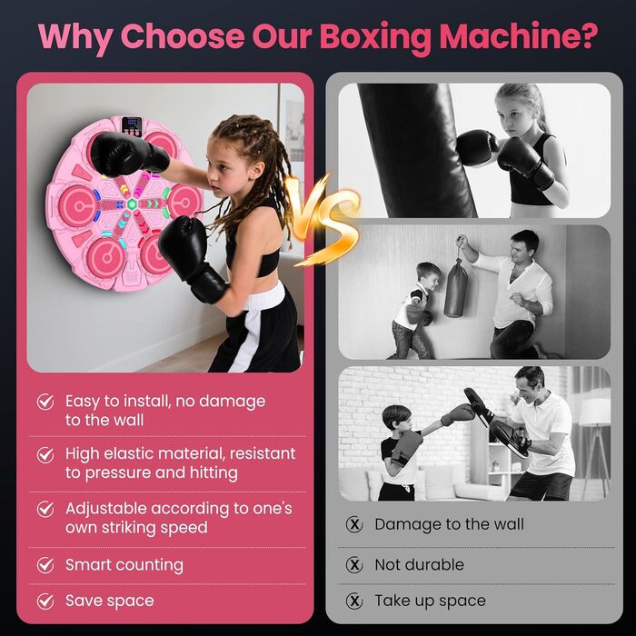 Музична боксерська машина IERAKOR для дітей, рожева: LED-підсвічування, Bluetooth, 5 швидкостей, автоматичний підрахунок