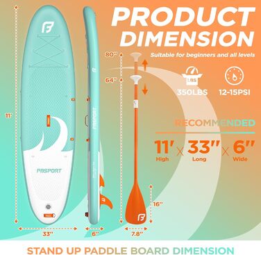 Надувна SUP-дошка FBSPORT для дорослих і підлітків, 15 см, з регульованим веслом, насосом, рюкзаком і плавником – для озер, річок і моря