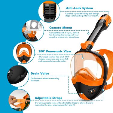Маска для снорклінгу повного обличчя, обладнання для дорослих та дітей з системою сухого дихання та знімним тримачем для камери, 180° огляд, чорний, помаранчевий, білий, синій, XL