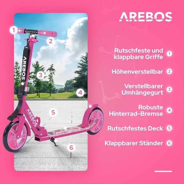 Самокат AREBOS Cityroller для дітей і дорослих, складаний, з регульованою висотою, XXL колесами, ременем для перенесення, гальмом, до 100 кг
