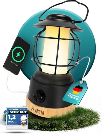 ARCTA® LED кемпінговий ліхтар на акумуляторі – ретро кемпінг ліхтар, IPX4 вологостійкий, димування 20-450lm – ліхтар для намету, саду, кемпінгу, LED Powerbank