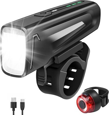 Набір LED-ліхтарів для велосипеда: передній ліхтар (60/35 LUX, 2 режими), задній ліхтар (4 LUX, 1 режим), USB-C зарядка, IPX5 водостійкість