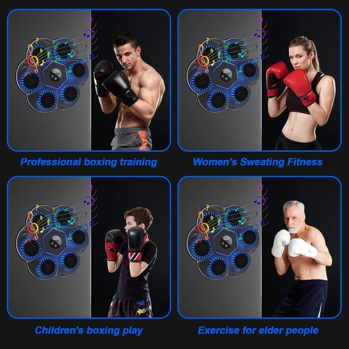 Музична боксерська машина Yolispa для дорослих та дітей, 9 режимів, 18 швидкостей, LED-підсвічування, Bluetooth, з боксерськими рукавичками