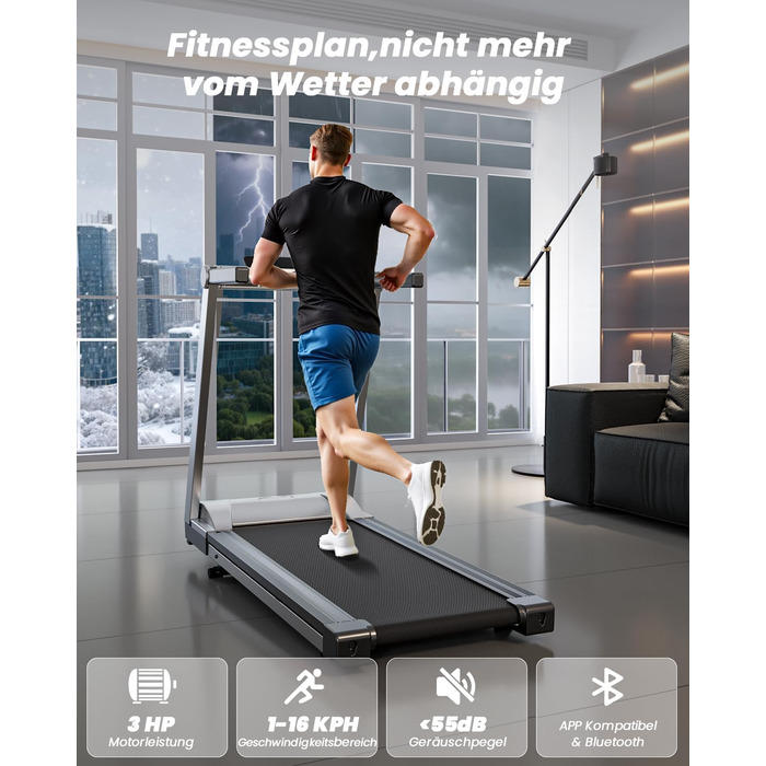 Складне бігове доріжки для дому Klappbar 16 km/h, Walking Pad Foldable з нахилом 6%, бігове доріжки 158 KG велика площа бігу 112 * 42cm, бігове доріжки тихе для дому та офісу (Срібно-Чорний)
