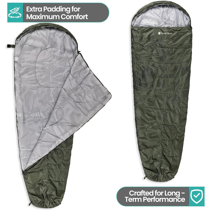 Спальний мішок Mumienschlafsack для дорослих - легкий, компактний, водонепроникний, з капюшоном, 220x85 см, теплий, придатний для прання, для кемпінгу, трекінгу, подорожей, зелений