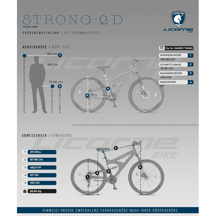 Гірський велосипед Licorne Bike Strong 2D Premium 29 дюймів, дискові гальма, 21 швидкість, повна амортизація, антрацит, для хлопців, дівчат, жінок і чоловіків
