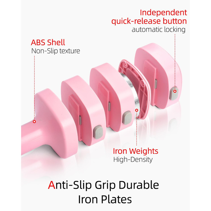 Набір гантелей Abahub 4-в-1, регульовані штанги для дому, фітнесу та силових тренувань. Ідеально для жінок та початківців, рожеві гантелі 1-2.5 кг (2 шт.)