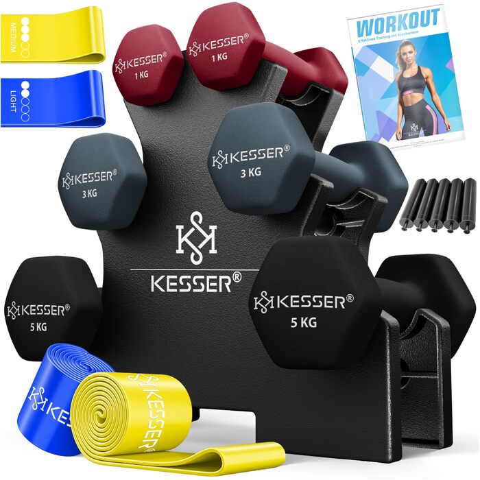 Набір неопренових гантелей KESSER (3 пари: 1кг, 3кг, 5кг) зі стійкою для зберігання, 18 кг, для фітнесу та силових тренувань, Маджента-Сірий-Чорний