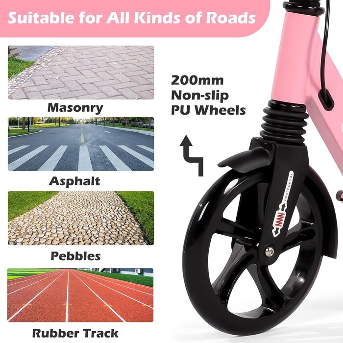 Дитячий складаний самокат з великими колесами 200 мм, гальма дискові, регульована висота, для дітей 8-15 років (Рожевий)