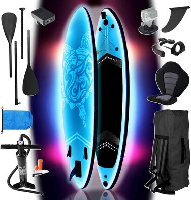 Надувний SUP Board BRAST з LED-підсвіткою | Комплект для станд-ап паддлінгу | 320x81x15 см | 4 дизайни | LED-підсвітка 10 кольорів | 5 років гарантії | 2в1 весло, сидіння для каяка, кріплення для екшн-камери, петля для ніг (Turtle Blue)