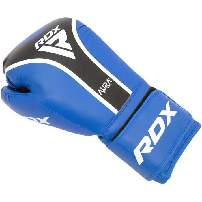 Боксерські рукавички RDX Aura Plus T-17 – шкіра Maya Hide, підкладка MG-3, піна Max-Shock – для тренувань, спарингу, кікбоксингу, муай-тай – система фіксації Quick-EZ – 283.5-453.6 г – червоні, сині, золоті (синьо-чорні, 12 oz)
