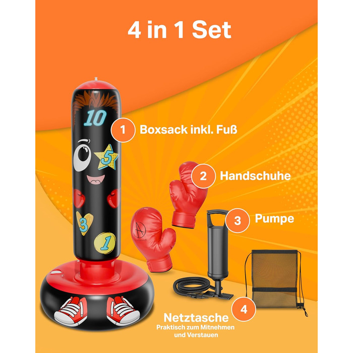 AVENTERA® Боксерський мішок для дітей 3-12 років (160см, навчальний ефект) - 4-в-1 комплект - для тренувань, розвитку рухливості та моторики - перевірена якість