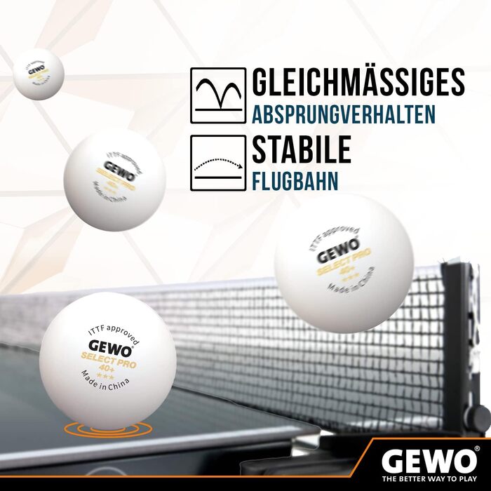 GEWO Select PRO тенісні м'ячі для настільного тенісу 3 зірки, пластикові 40+ мм зшиті, ITTF сертифіковані, білі, професійні, 3 шт.