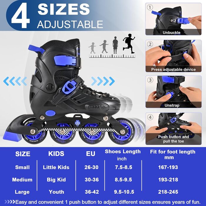 Регульовані ролики для дітей (хлопчики та дівчатка) - чорно-сині, розмір M