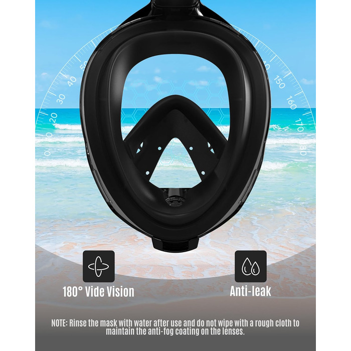Маска для снорклінгу G2RISE Full Face XL чорна з тримачем для камери, безпечна від CO2
