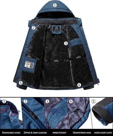 Зимова куртка KEFITEVD для чоловіків: водонепроникна, тепла, з підкладкою, для катання на лижах, спортивна, вітронепроникна, дихаюча, функціональна куртка з відстібаною капюшоном, XL, блакитна