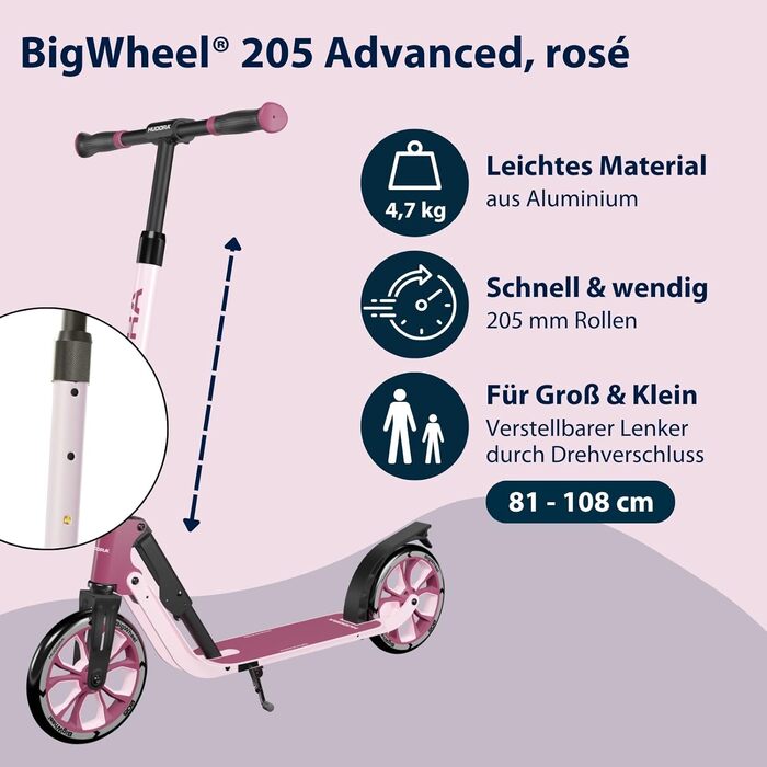 HUDORA BigWheel® Advanced Scooter: Комфортний алюмінієвий самокат для дітей та дорослих (до 100 кг) - регульована висота, складаний, рожевий (205)