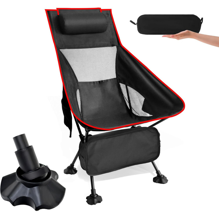 Складний туристичний стул Bindokun 120кг, ультралегкий, компактний, з кишенями та підголівником, для риболовлі та піших прогулянок (червоний)