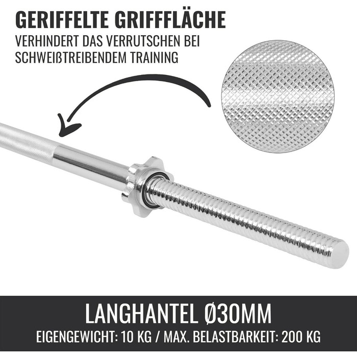 Штанга GORILLA SPORTS 170 см, 30 мм, до 200 кг, хромована, з рифленим нековзким хватом і зірковими замками, сріблясто-чорна