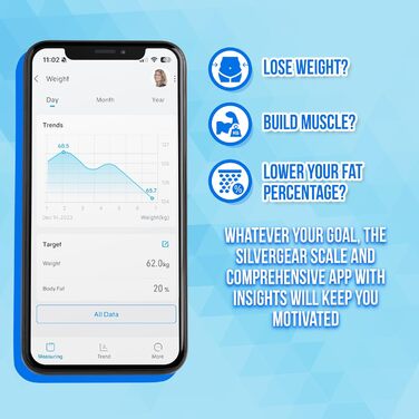 Преміум вага-аналізатор Silvergear® з Bluetooth та додатком, для аналізу складу тіла: вимірювання жиру, ІМТ, м’язової маси, води, кісткової маси, BMR і пульсу, чорна