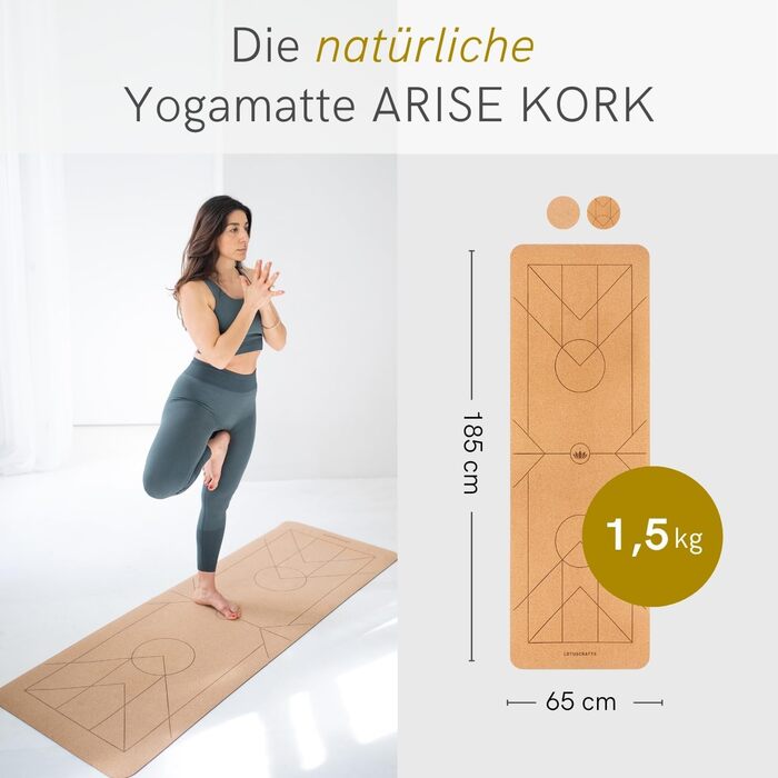 Йогамат Lotuscrafts Arise з корку та натурального каучуку, 185 x 65 x 0,4 см. Нековзна, для гарячої йоги, Sweat Proof поверхня