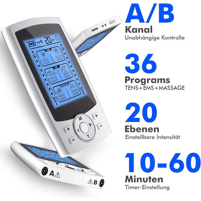 EMS масажер TENS: електрична стимуляція м'язів з 36 програмами, 10 електродів для ніг, спини, плечей