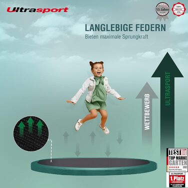 Трамплін Ultrasport Deluxe: Ø 244/305/366/430 см, сертифікований TÜV Rheinland, повний комплект, круглий для саду, з м'якими стійками, сіткою безпеки та захисним бордюром