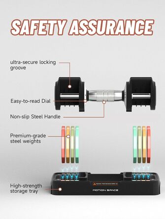 Регульований набір гантелей Motion Space, 5.7-10.2 кг, для дому, компактний, з підставкою, 5 ваг в 1 сек, кольоровий (Райдуга)