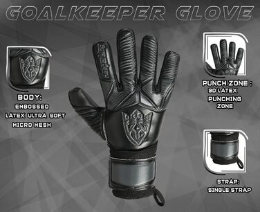 Футбольні воротарські рукавички Keeperking для дітей, підлітків та дорослих. Без захисту пальців, 4 мм латекс, довга долоня, унісекс, чорний.