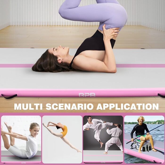 Гімнастичний надувний мат для перекидання BPB з електричним насосом. 10 футів. Килимок для тренувань, гімнастики, йоги, пляжного відпочинку. Рожевий.