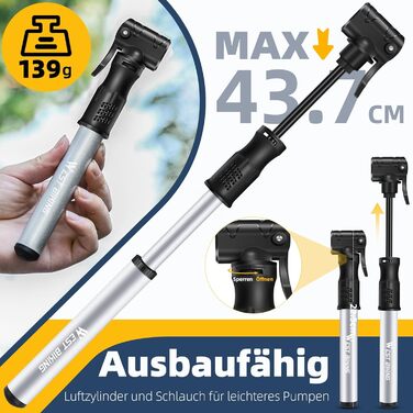 Міні-насос для велосипеда West Biking - Алюмінієвий насос для велосипеда, сумісний з усіма типами вентилів, портативний, швидке накачування шин, легкий, для MTB, шосе, м'ячів (срібний)