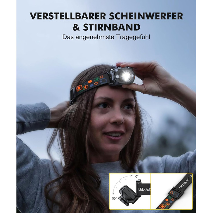 LED налобний ліхтар з акумулятором, [надзвичайно яскравий] з датчиком та червоним світлом, 6 режимів освітлення & IPX4 водонепроникність, 2000mAh, тривалий час роботи, для кемпінгу, риболовлі, походів, нічного бігу