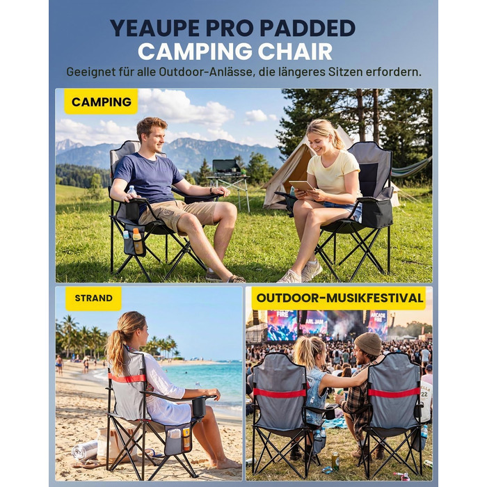 Складане кемпінгове крісло YEAUPE PRO X-Large, посилене, комфортне з м'якою підкладкою, витримує до 150 кг